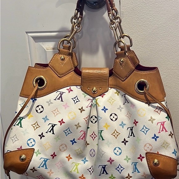 Authentic Luis Vuitton white multicolor URSULA shoulder bag . With red interior. - Picture 3 of 16
